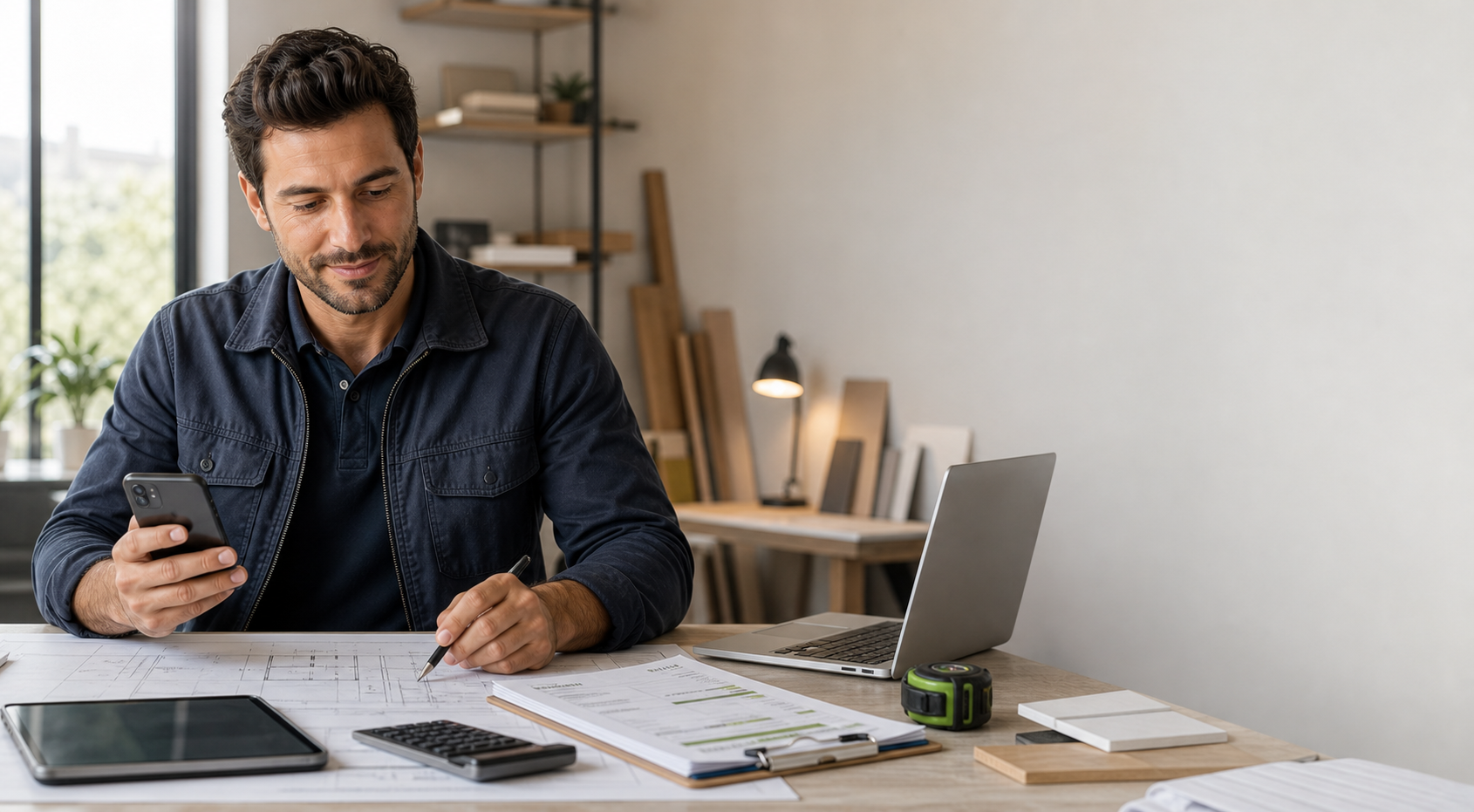 Profesional de reformas revisando planos, presupuesto y captación de clientes